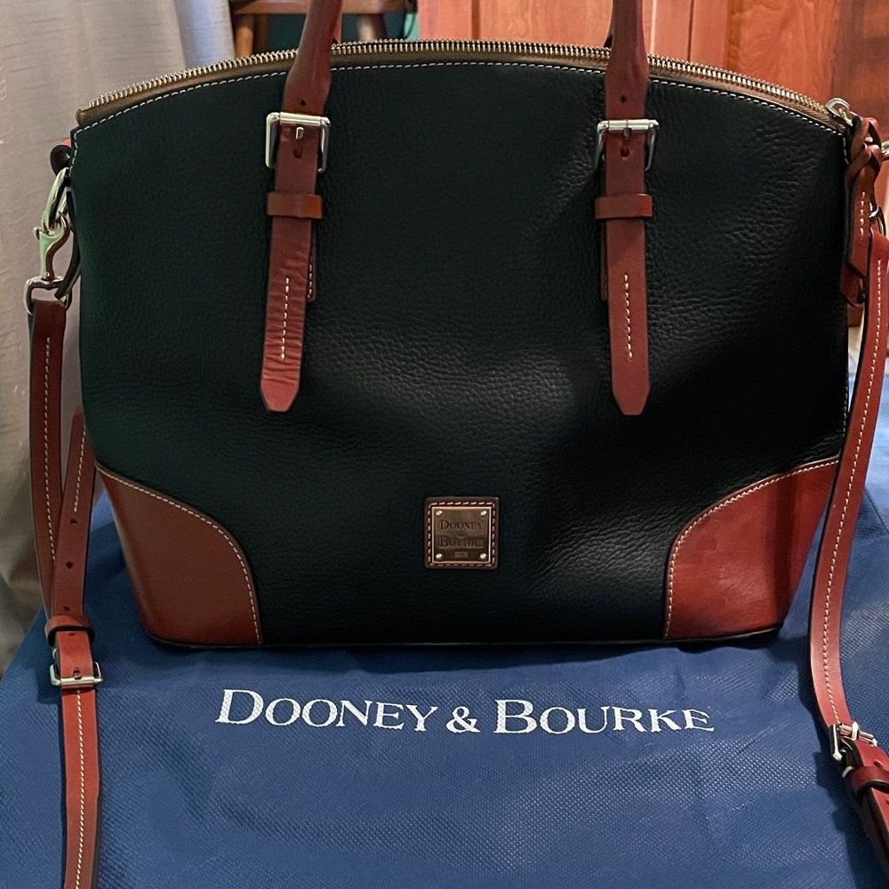 Dooney & Bourke Black and Tan Pebblegrain Domed Satchel Bag
